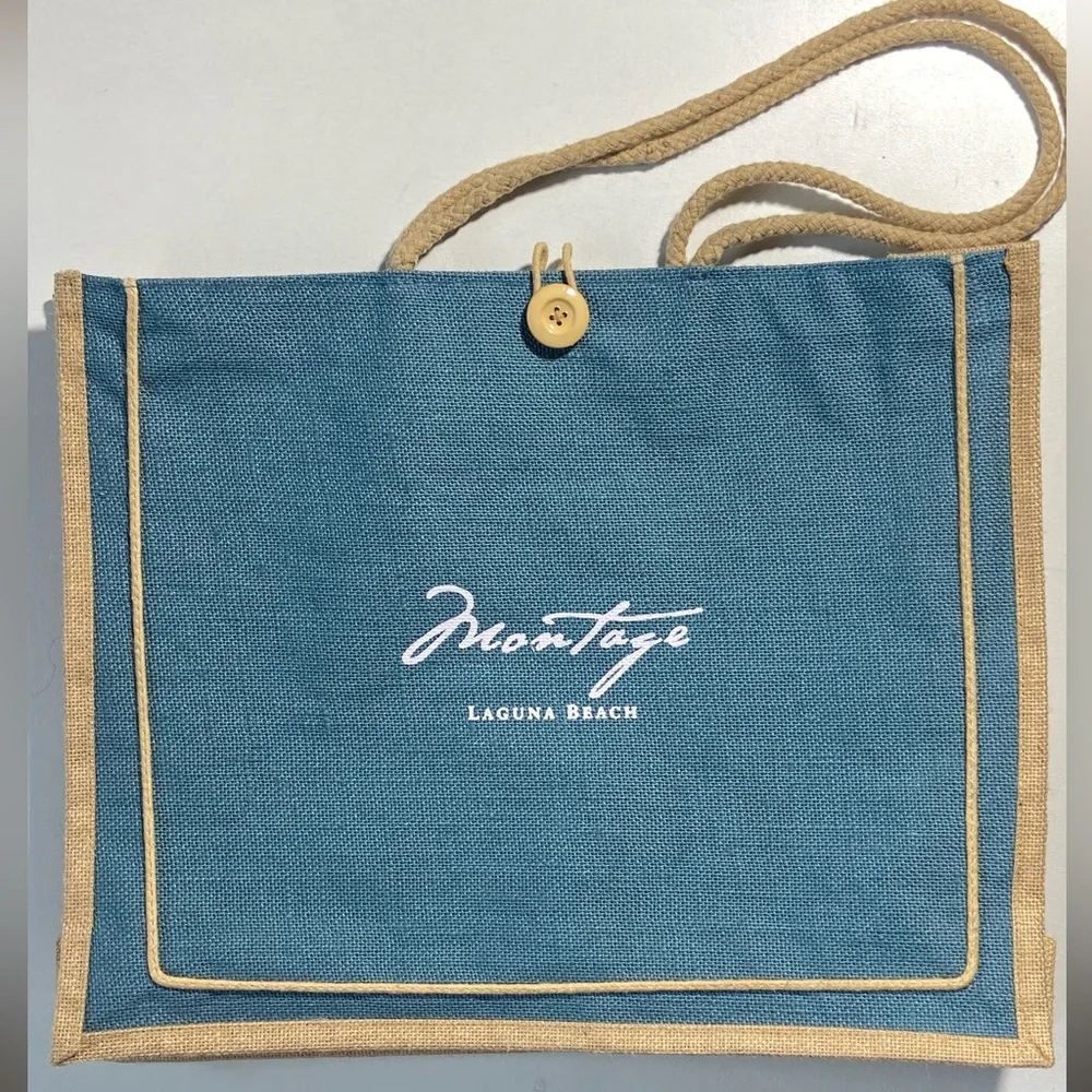 Montage Laguna Beach Resort Large Cornflower Blue Natural Jute Tote Bag Like New - Picture 2 of 16